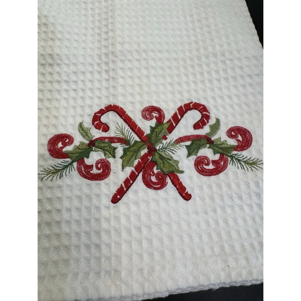 2‎ Cotton Hand Towel Christmas Embroidered Joy Wreath & Candy Cain Holly Waffle
